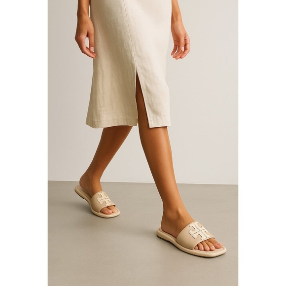 Tory Burch Women Leather Slide Sandals Double T Logo Beige Cream Flat Slip On 10 - Picture 1 of 12